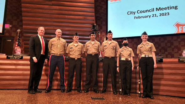 Lebanon Trail HS Navy National Defense Cadet Corps Color Guard Posts The Colors at City Council Meeting